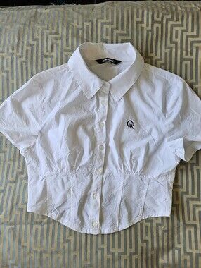 Cropped White Button-Front Shirt with Embroidered Logo